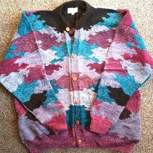 Artesania Sorata Handmade Bolivia Wool Cardigan Womens XL Multicolor 3D Knit